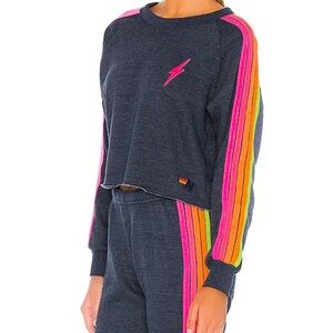 Aviator Nation BOLT CLASSIC CROPPED CREW SWEATSHIRT - HEATHER NAVY NEON STRIPES